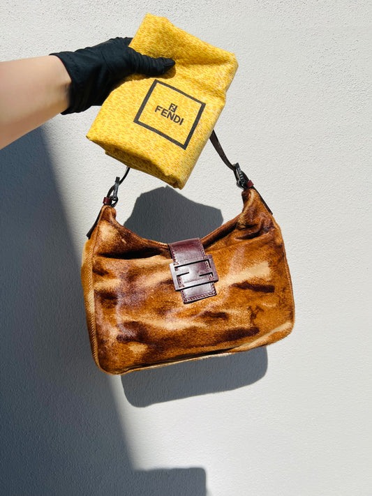 Pre-loved FENDI Mamma Baguette Shoulder Bag Pony Hair leather Brown