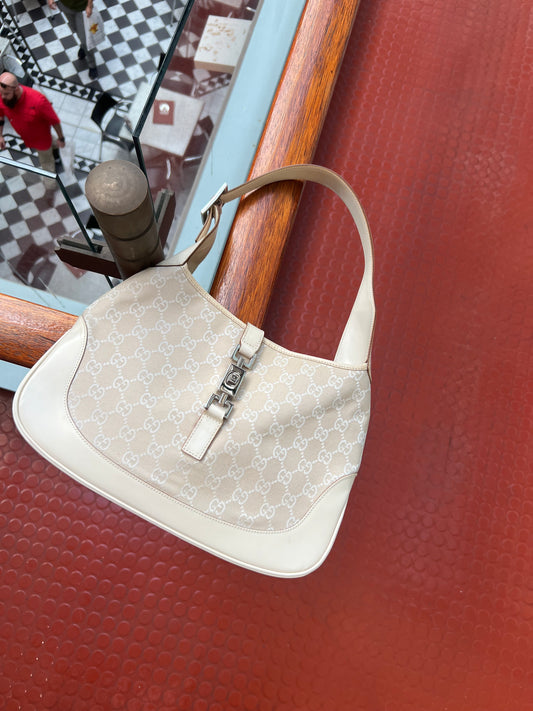 Pre-loved Gucci ivory white GG Canvas and Leather Jackie O Hobo
