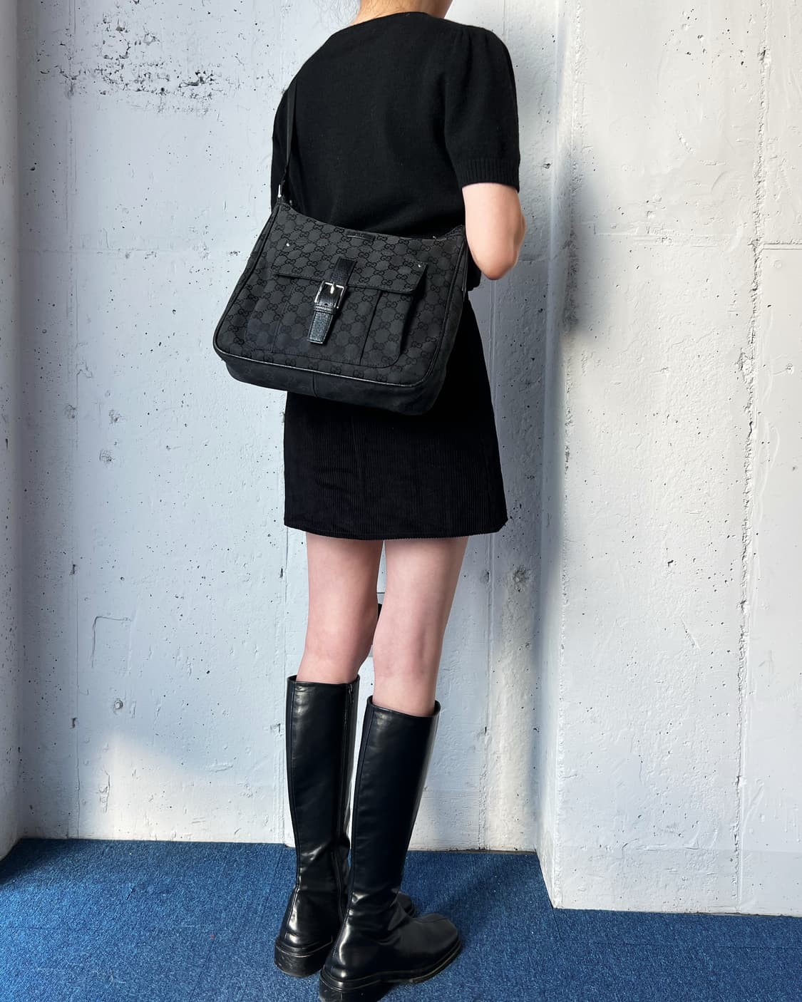Pre-loved Gucci Black GG Canvas and Leather Crossbody Bag