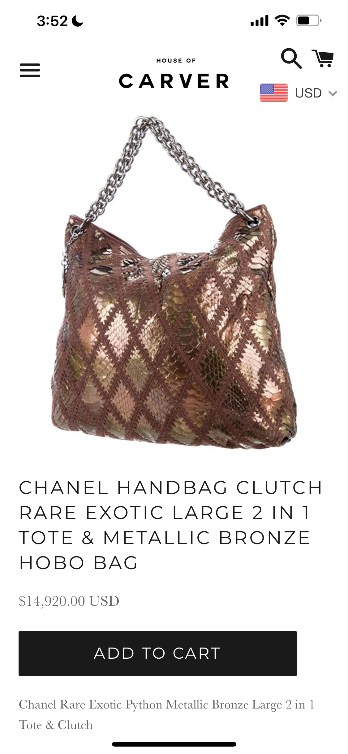 Pre-loved Chanel Handbag Clutch Rare Exotic Large
2 In 1 Tote & Metallic Bronze Hobo Bag