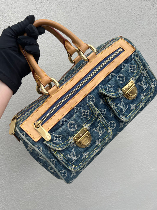 Pre-loved Louis Vuitton Blue Monogram Denim Neo Speedy Handbag 2005