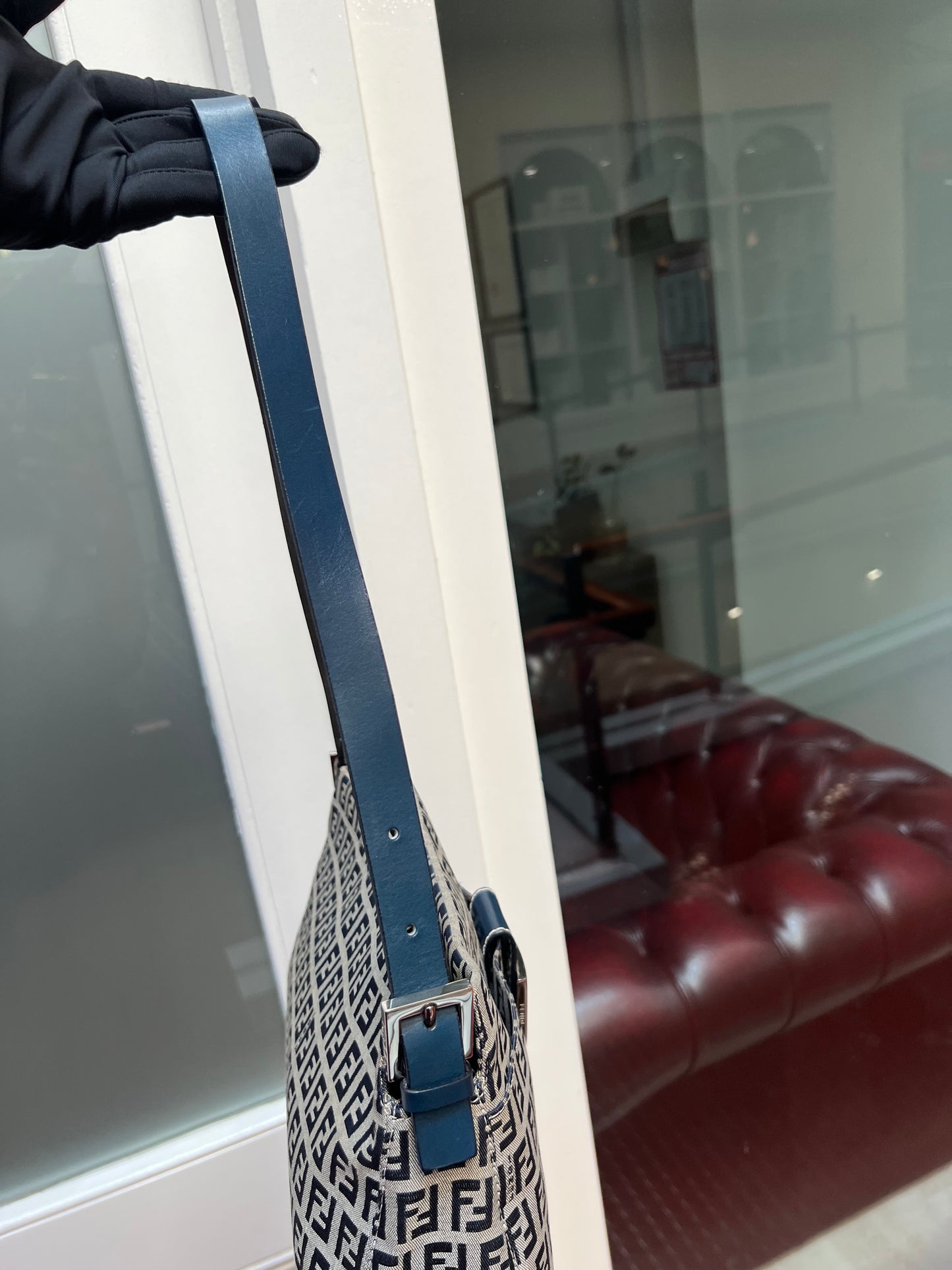 Pre-loved Fendi Monogram FF Mama Forever Baguette Flap Navy Blue