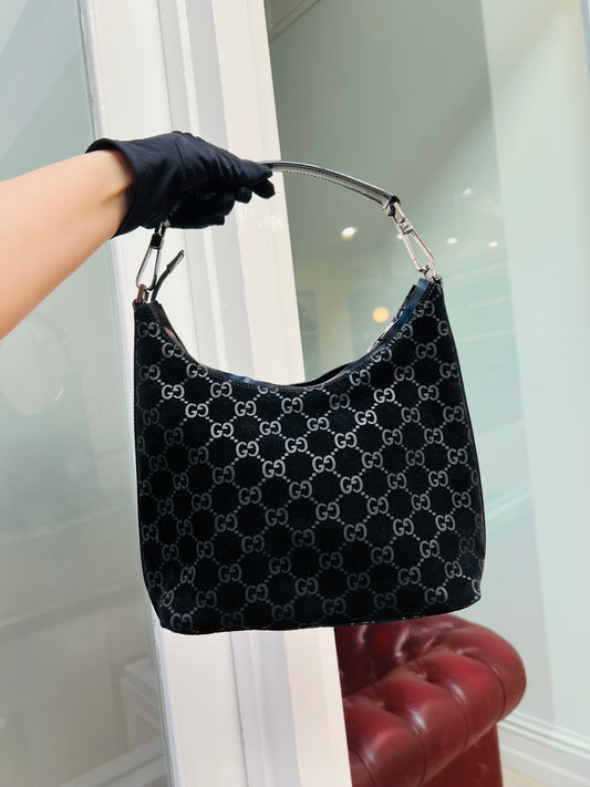 Pre-loved Gucci Vintage Black Suede Monogram Hobo Shoulder Bag