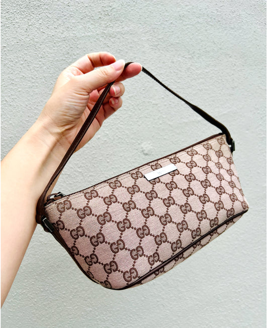 Pre-loved Gucci vintage GG Canvas Boat Baguette Bag Brown