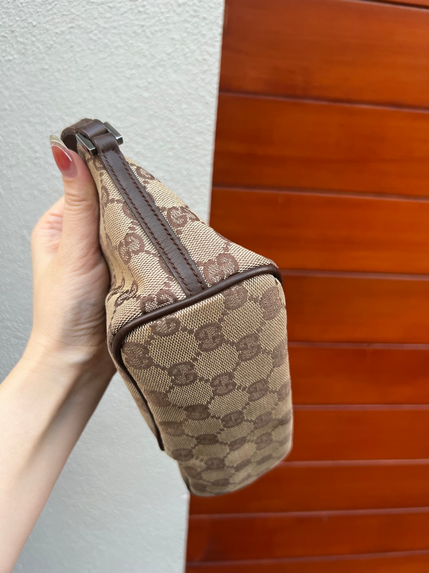 Pre-loved Gucci vintage GG Canvas Boat Baguette Bag Brown