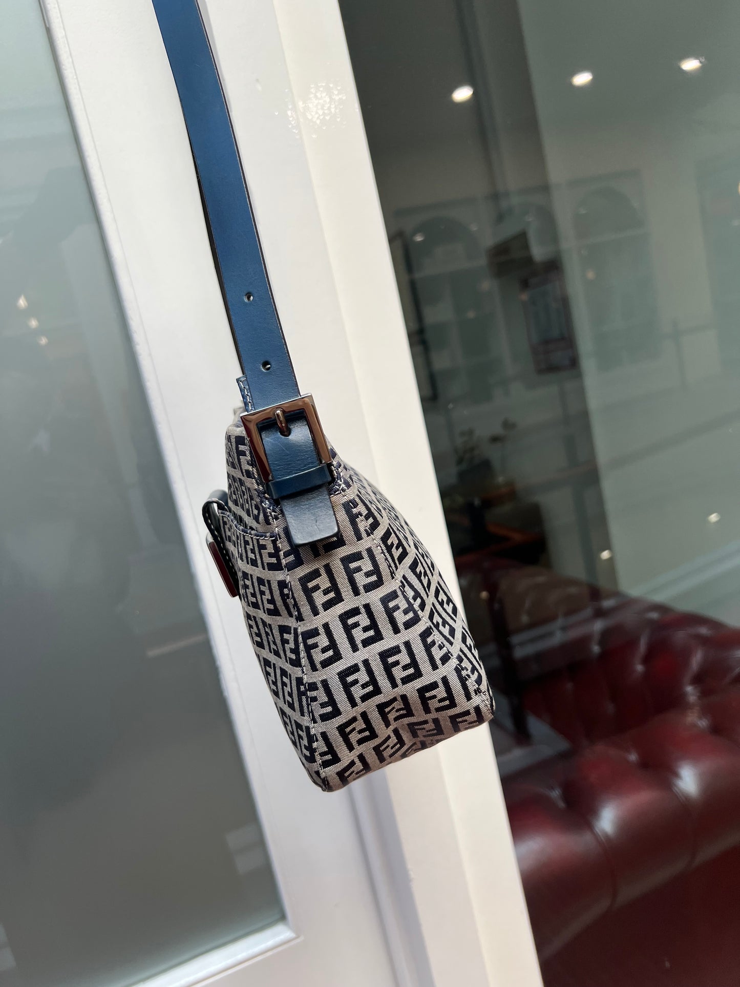 Pre-loved Fendi Monogram FF Mama Forever Baguette Flap Navy Blue