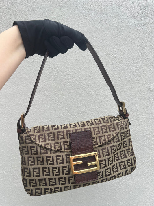 Pre-loved Fendi Vintage Zucchino Pattern Baguette Handbag Brown