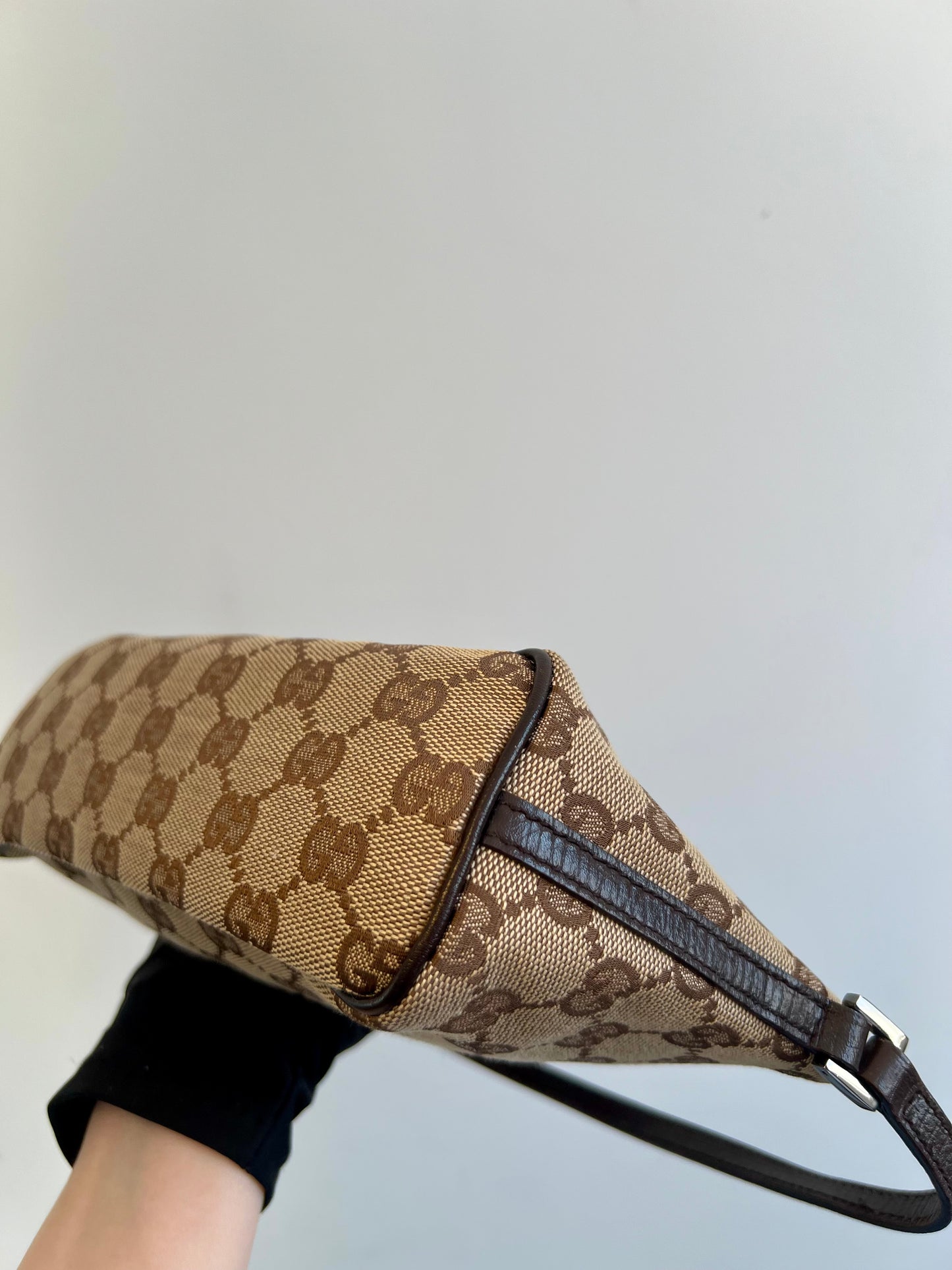 Pre-loved Gucci vintage GG Canvas Boat Baguette Bag Brown