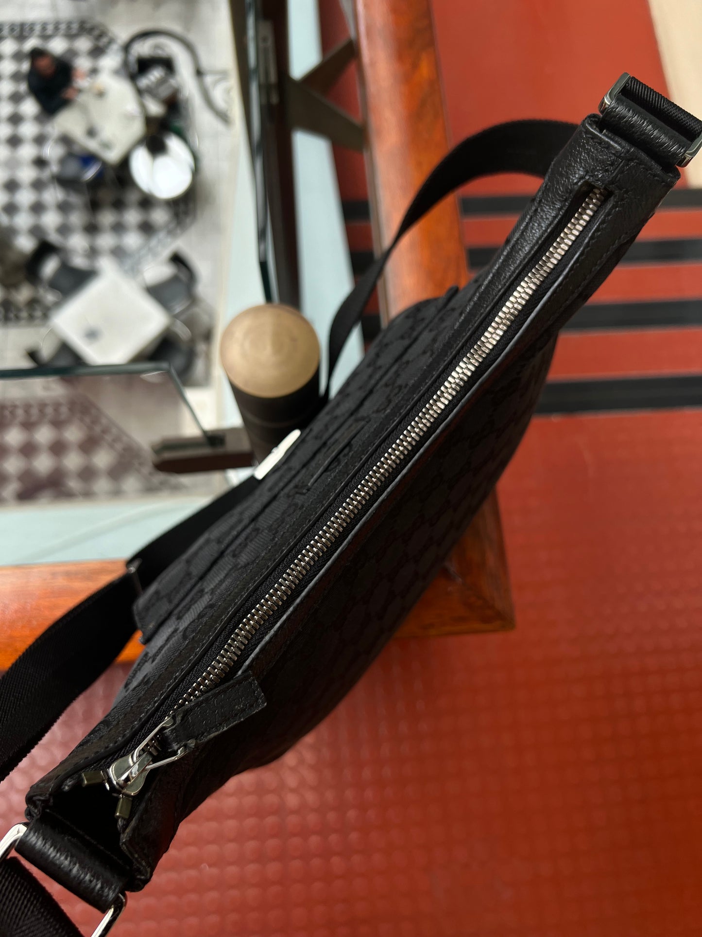 Pre-loved Gucci Black GG Canvas and Leather Crossbody Bag