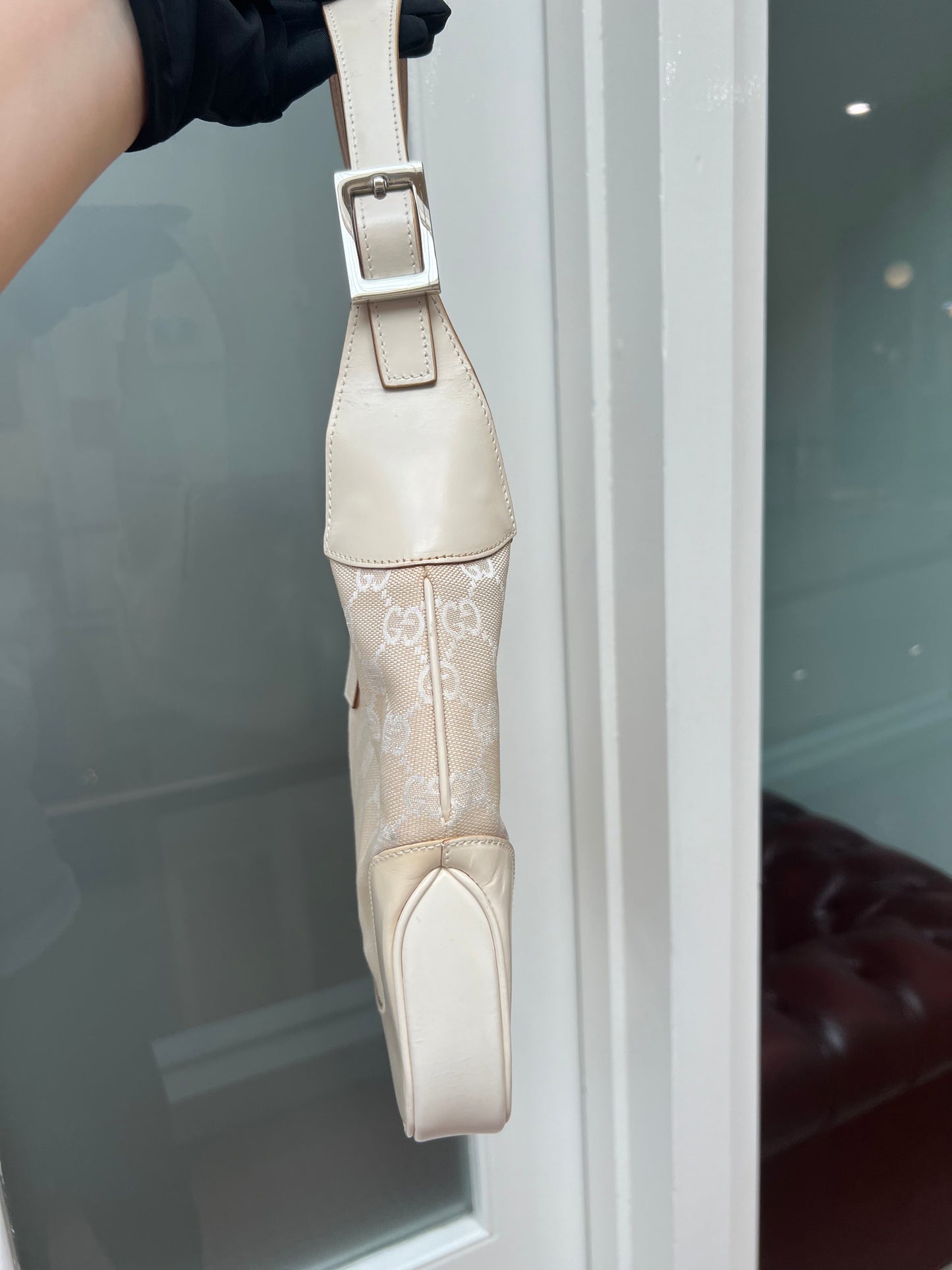Pre-loved Gucci ivory white GG Canvas and Leather Jackie O Hobo
