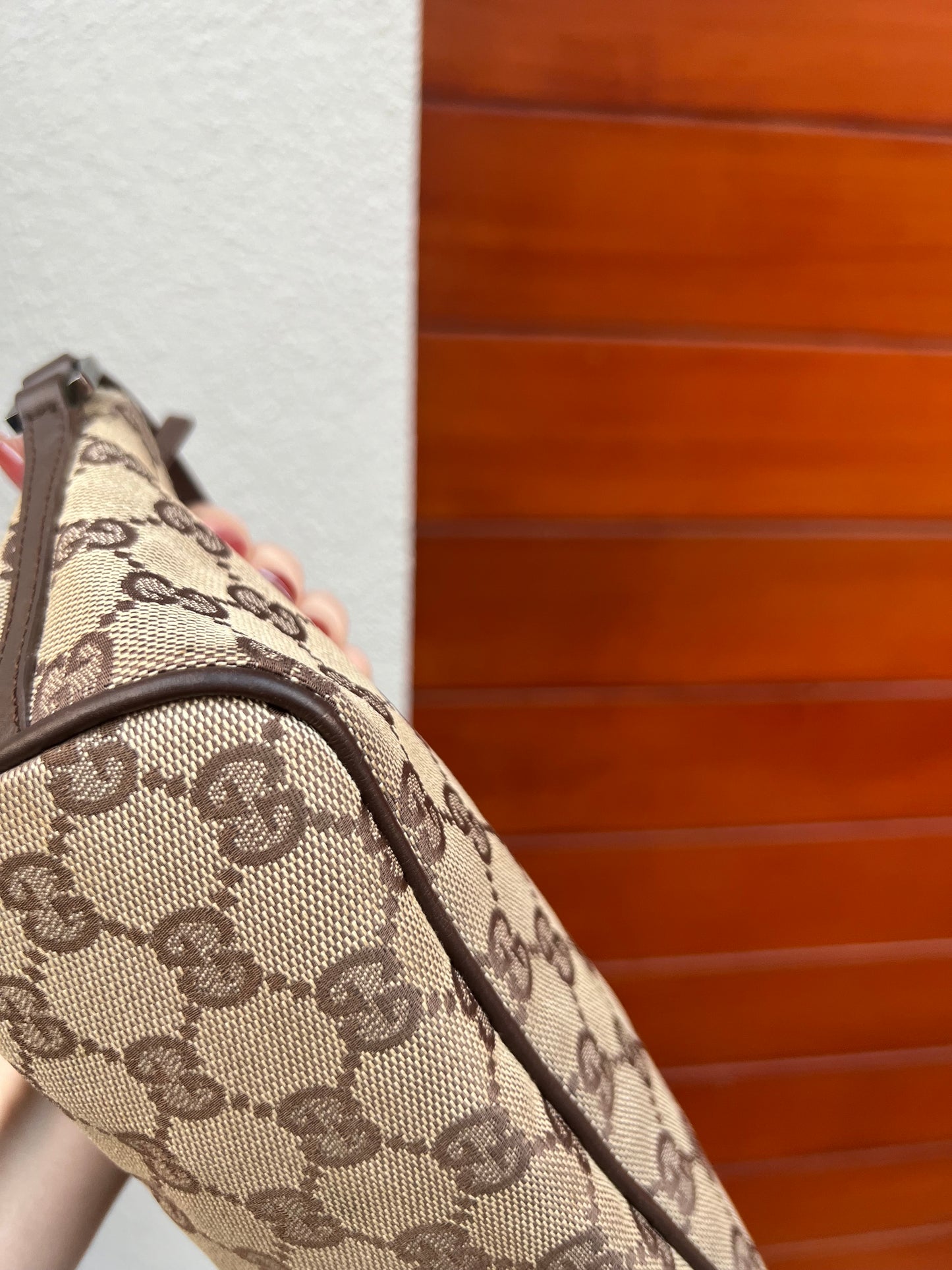 Pre-loved Gucci vintage GG Canvas Boat Baguette Bag Brown