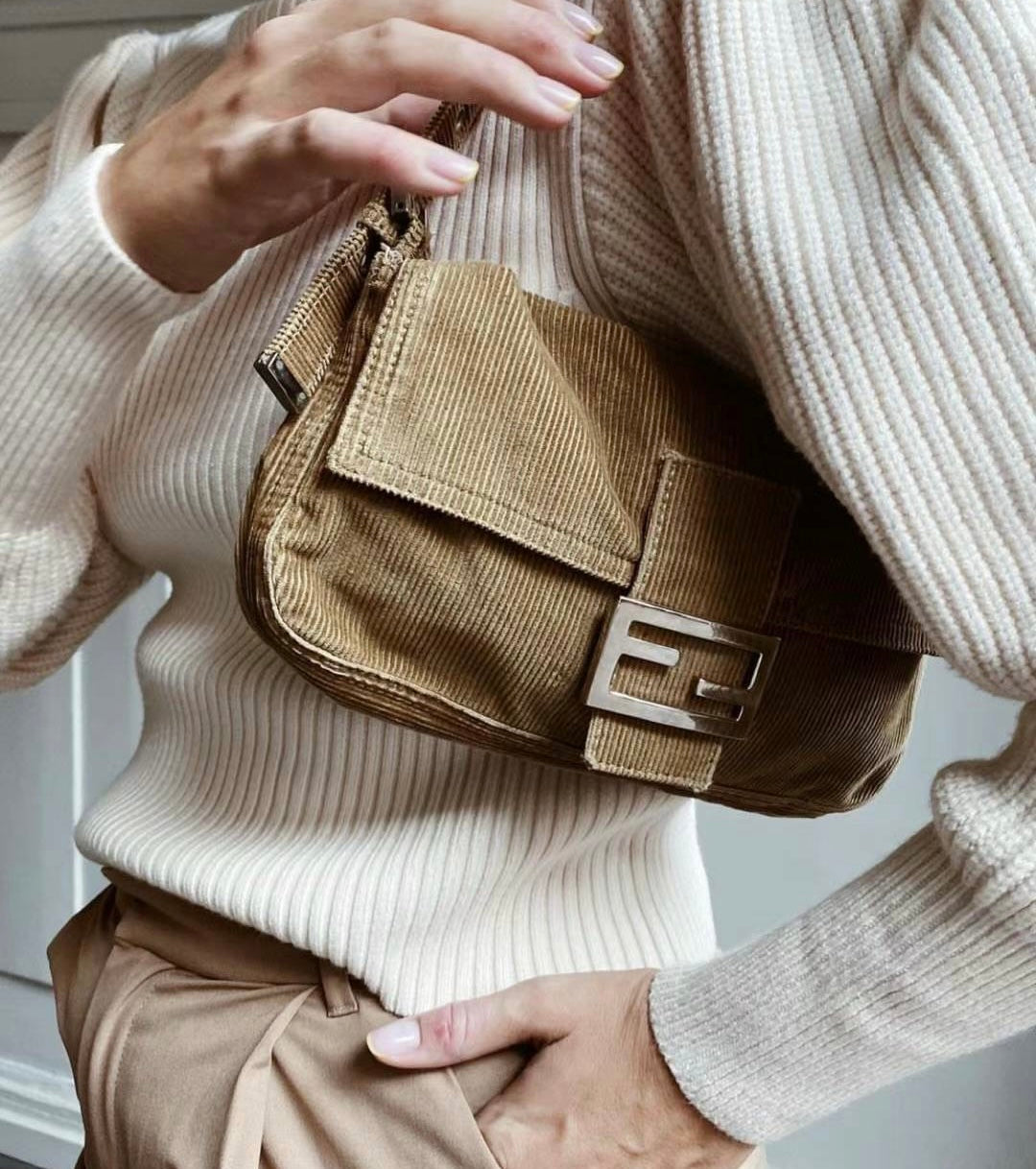Pre-loved Fendi Corduroy Baguette Shouder Bag Camel