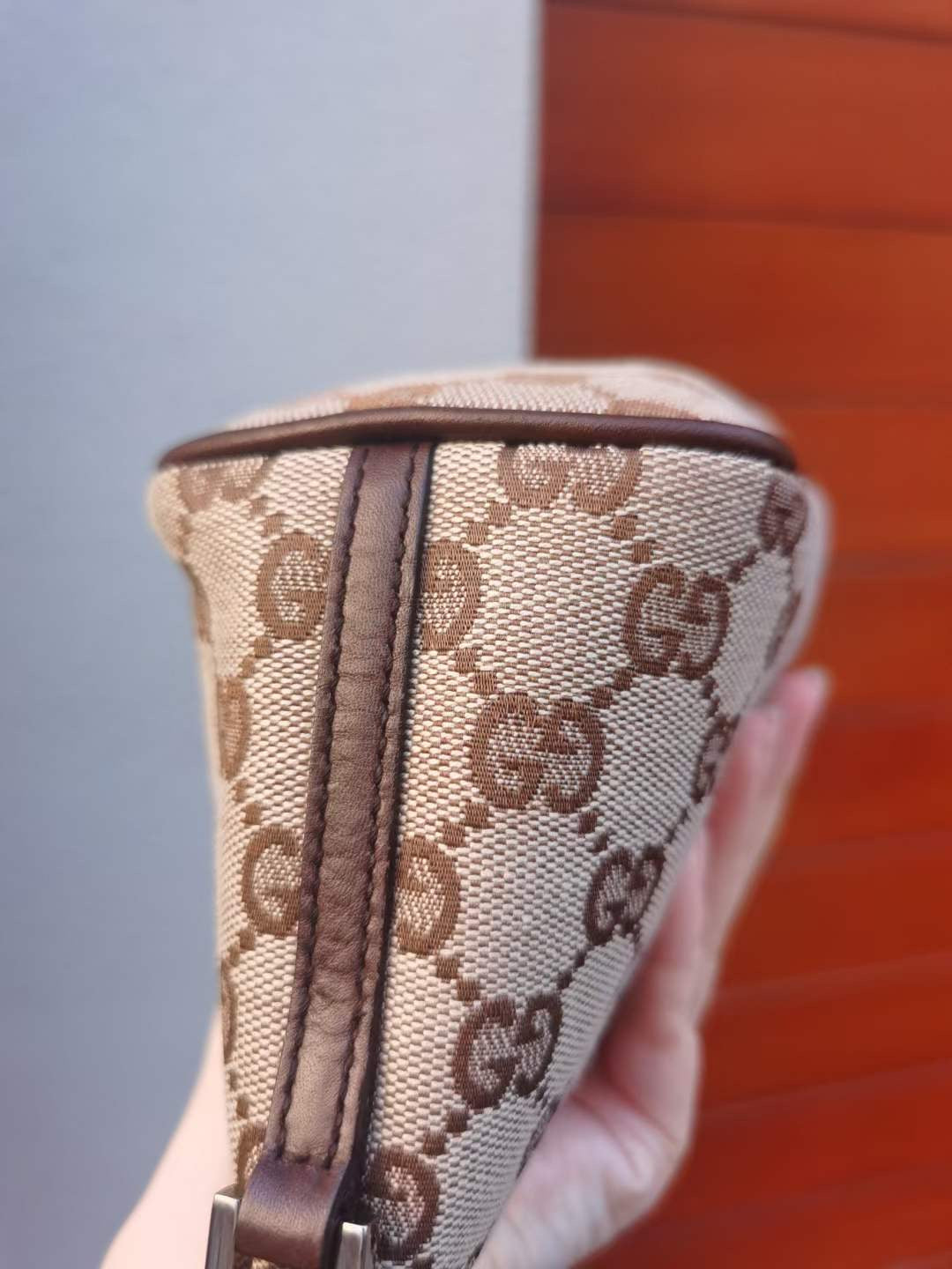 Pre-loved Gucci vintage GG Canvas Boat Baguette Bag Brown