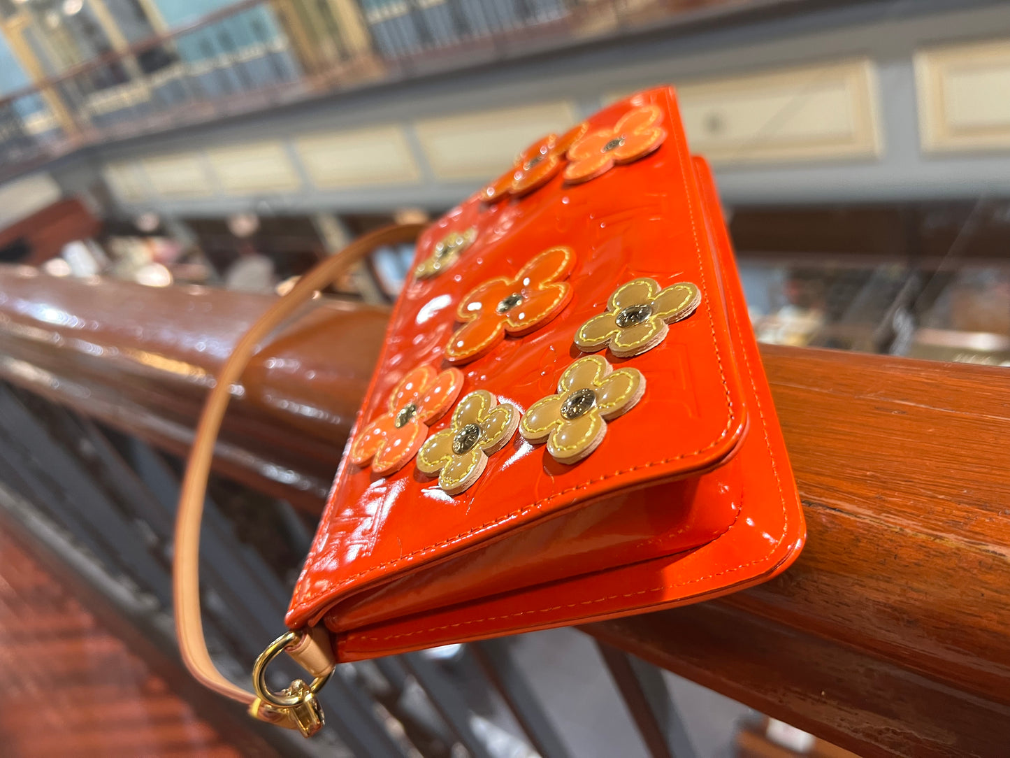 Pre-loved Louis Vuitton Pochette Accessoire Patent Leather Handbag Orange Flowers