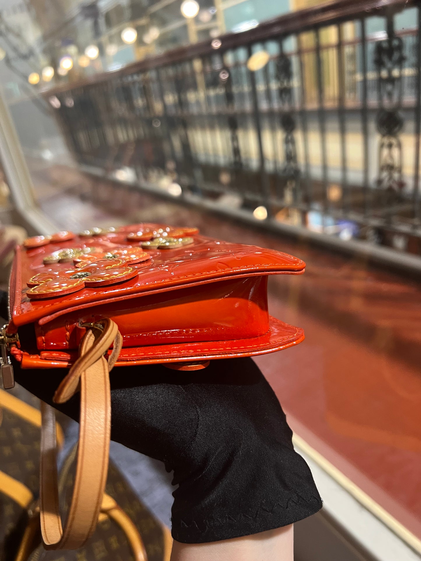 Pre-loved Louis Vuitton Pochette Accessoire Patent Leather Handbag Orange Flowers