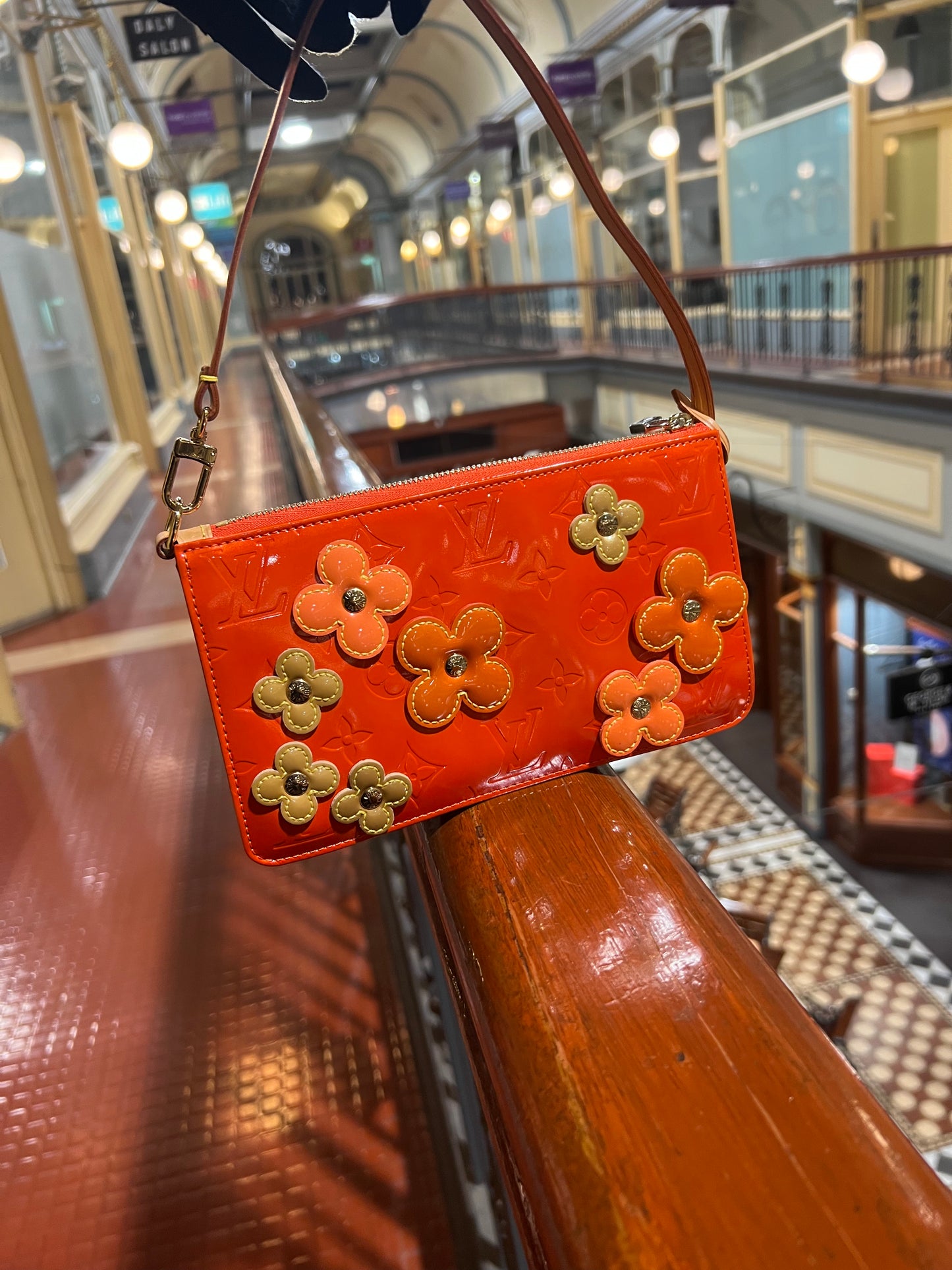 Pre-loved Louis Vuitton Pochette Accessoire Patent Leather Handbag Orange Flowers