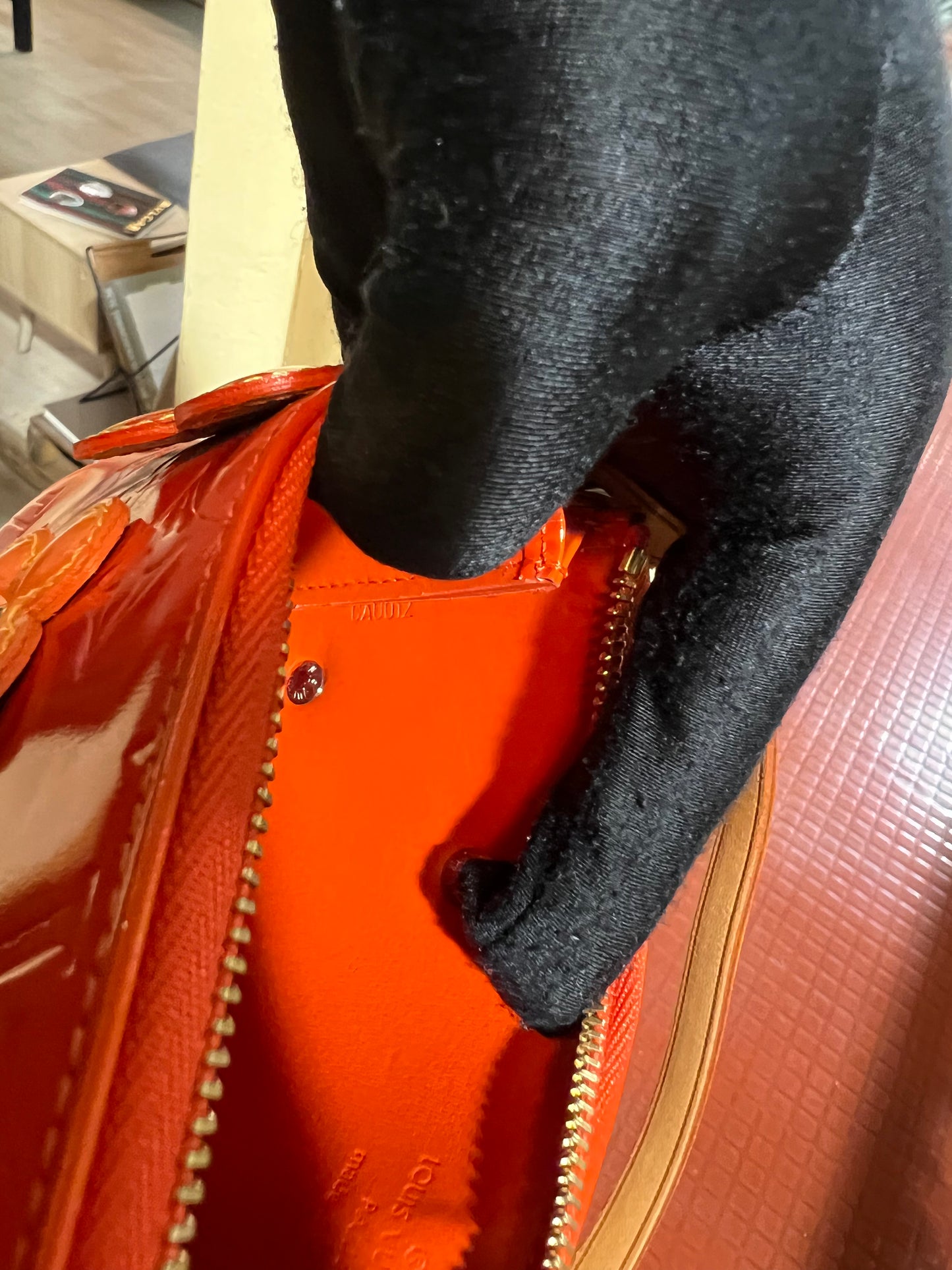 Pre-loved Louis Vuitton Pochette Accessoire Patent Leather Handbag Orange Flowers