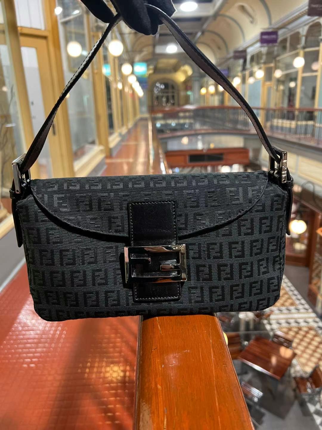 Pre-loved Fendi Vintage Mini Zucchino Pattern Baguette Handbag Black