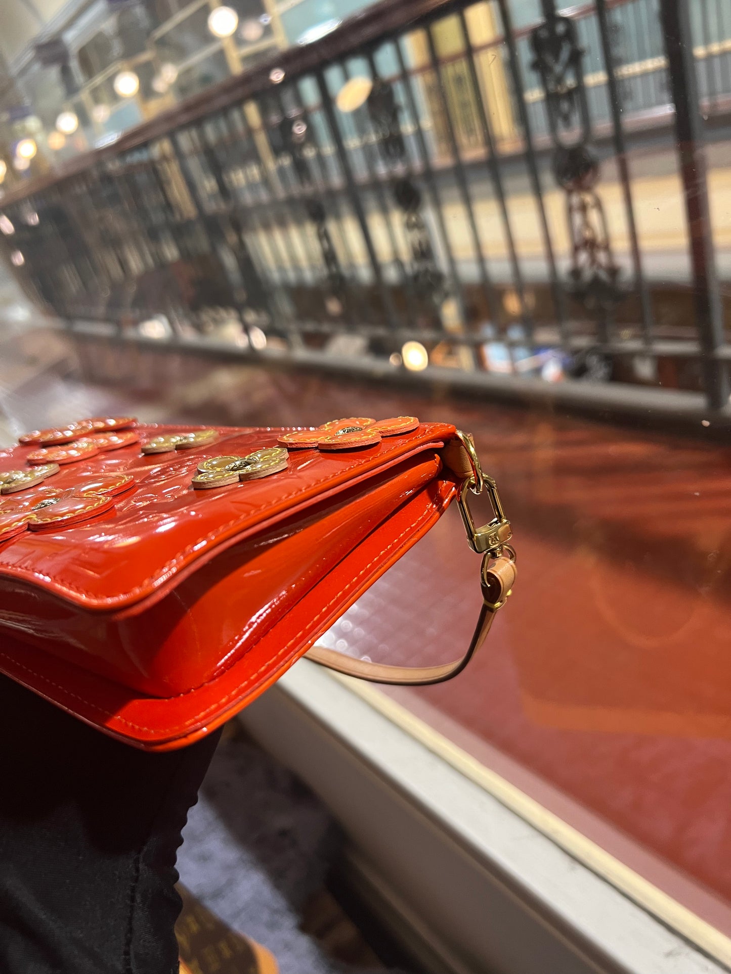 Pre-loved Louis Vuitton Pochette Accessoire Patent Leather Handbag Orange Flowers
