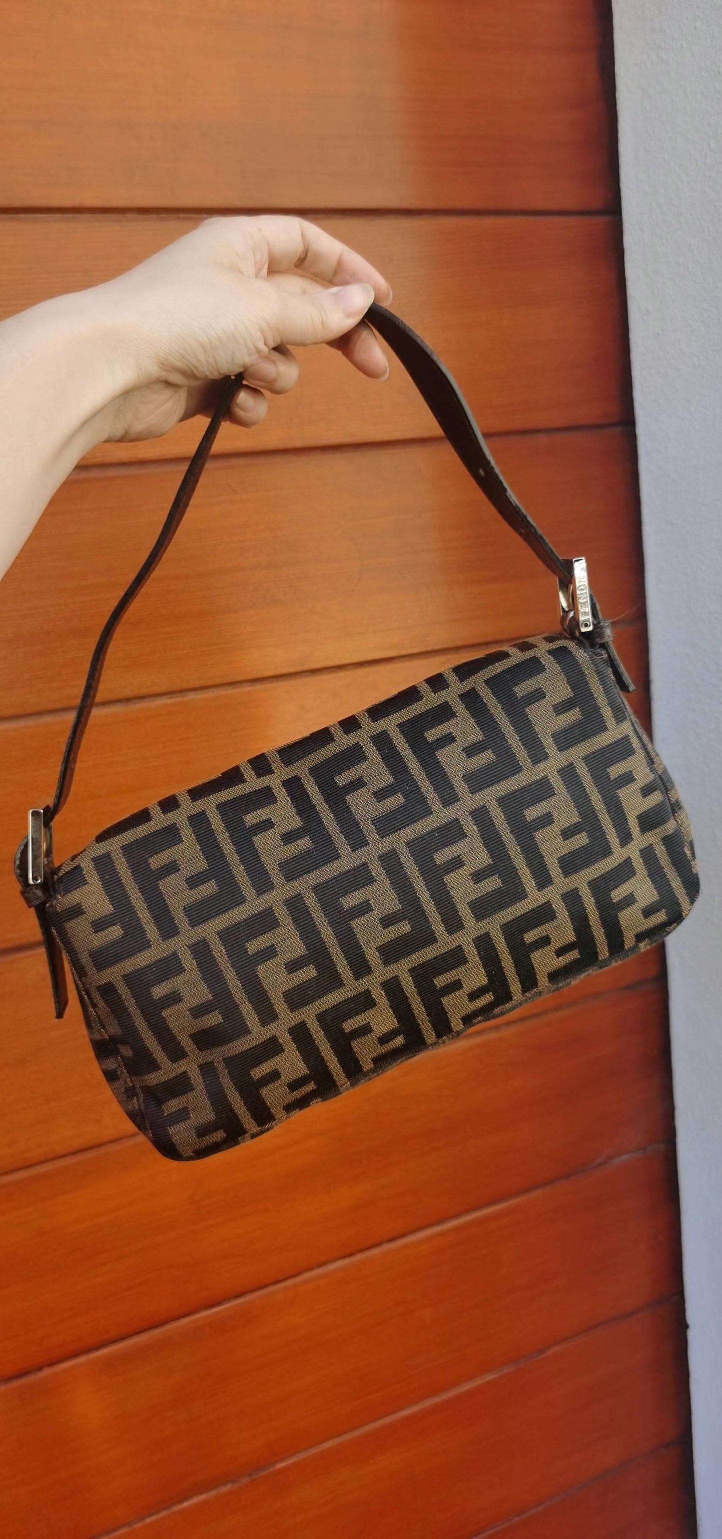 Pre-loved Fendi Vintage Zucca Baguette Handbag Silver Hardware