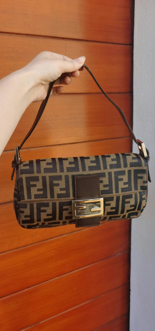 Pre-loved Fendi Vintage Zucca Baguette Handbag Silver Hardware