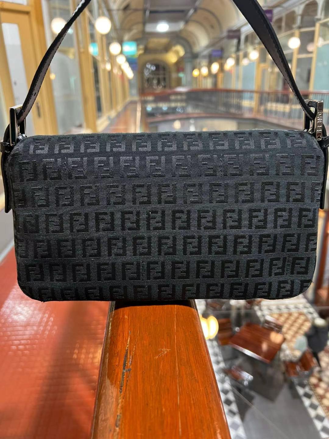 Pre-loved Fendi Vintage Mini Zucchino Pattern Baguette Handbag Black