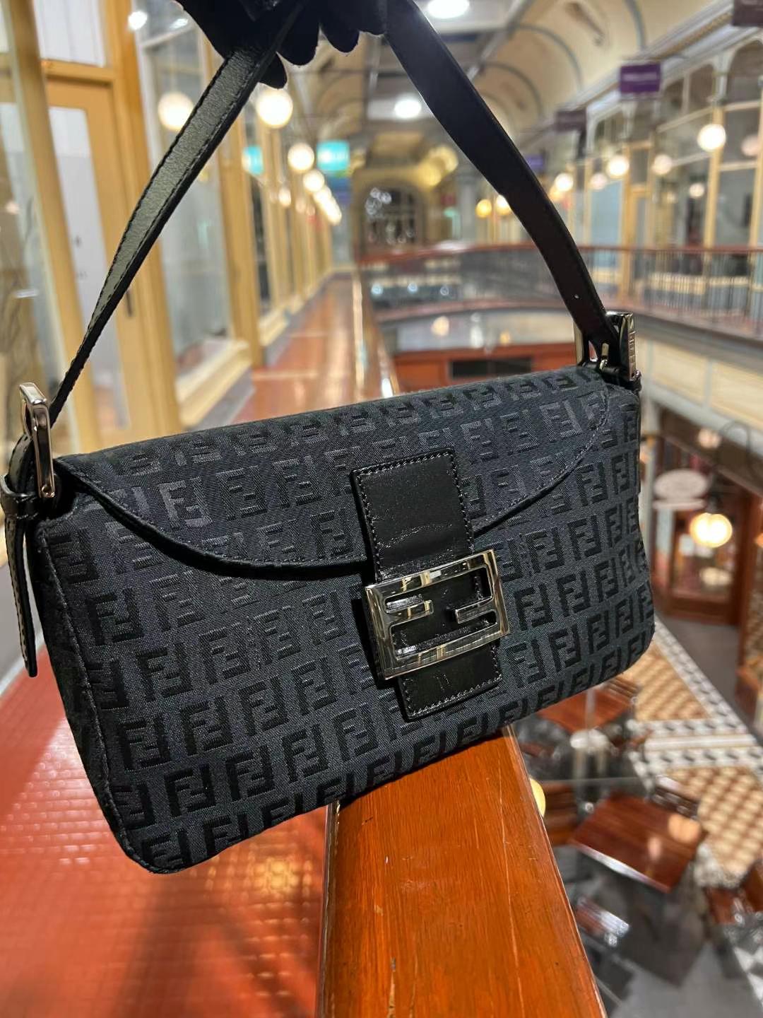 Pre-loved Fendi Vintage Mini Zucchino Pattern Baguette Handbag Black