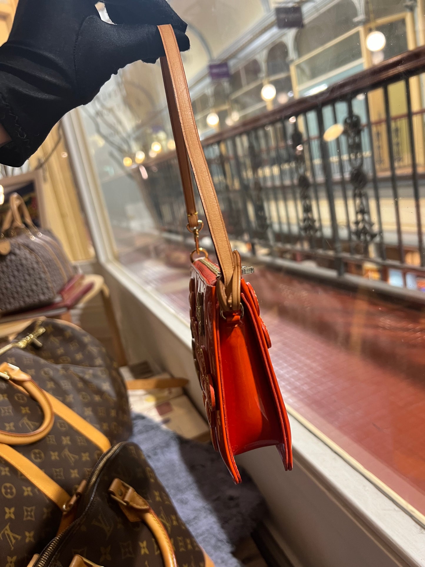 Pre-loved Louis Vuitton Pochette Accessoire Patent Leather Handbag Orange Flowers