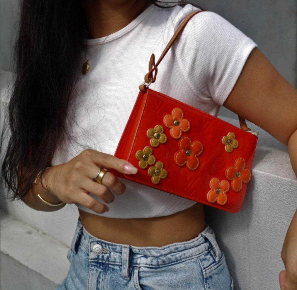 Pre-loved Louis Vuitton Pochette Accessoire Patent Leather Handbag Orange Flowers