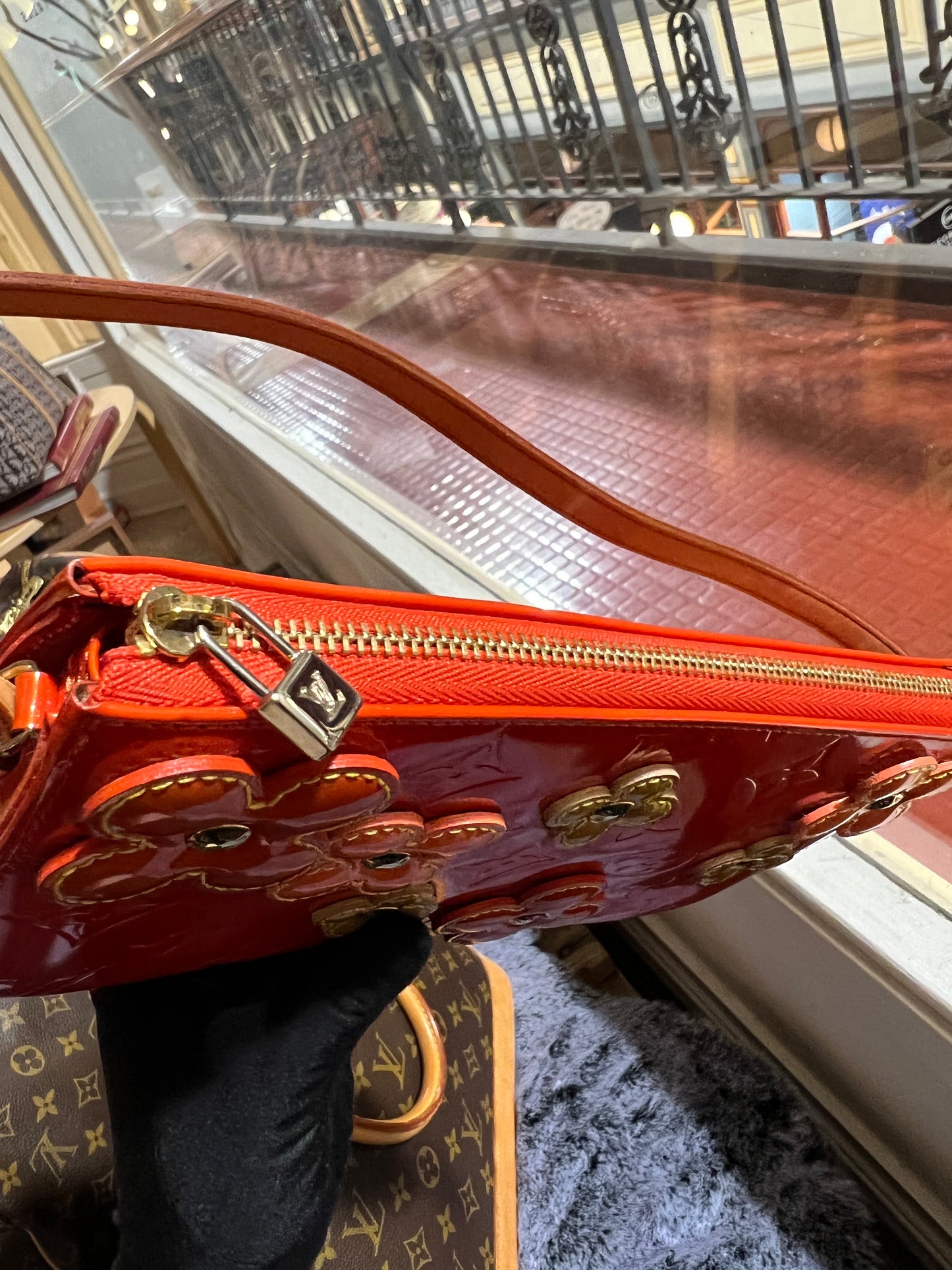 Pre-loved Louis Vuitton Pochette Accessoire Patent Leather Handbag Orange Flowers