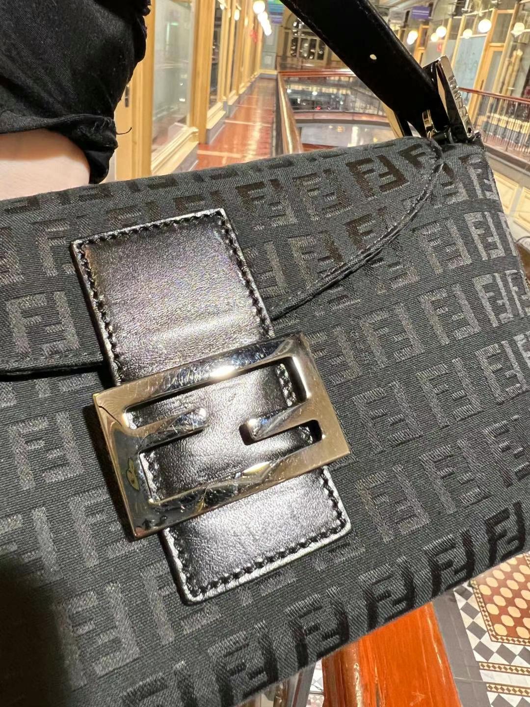 Pre-loved Fendi Vintage Mini Zucchino Pattern Baguette Handbag Black