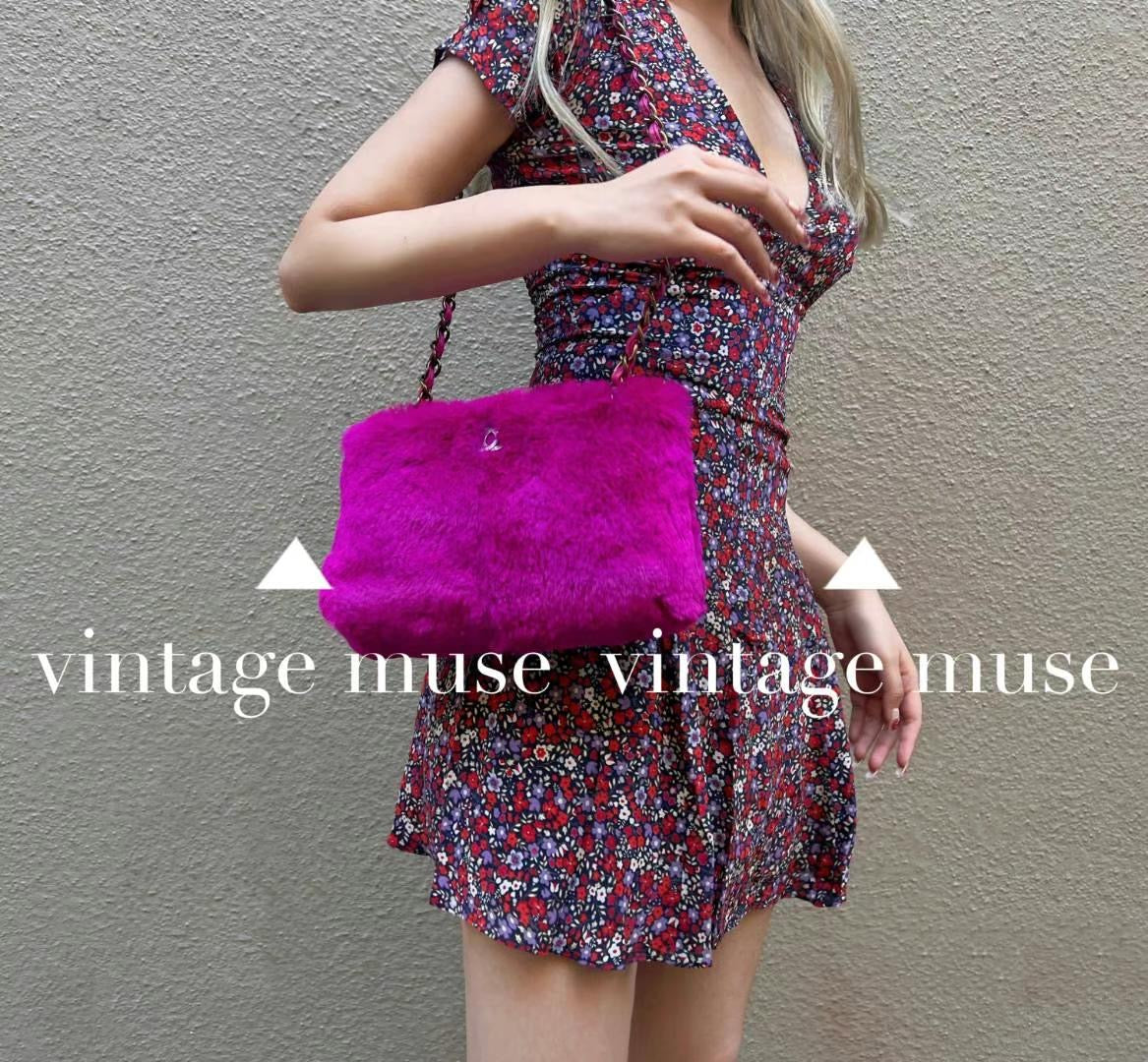 Pre-loved Chanel Fuchsia Pink Rabbit Fur Chain Shoulder Bag
