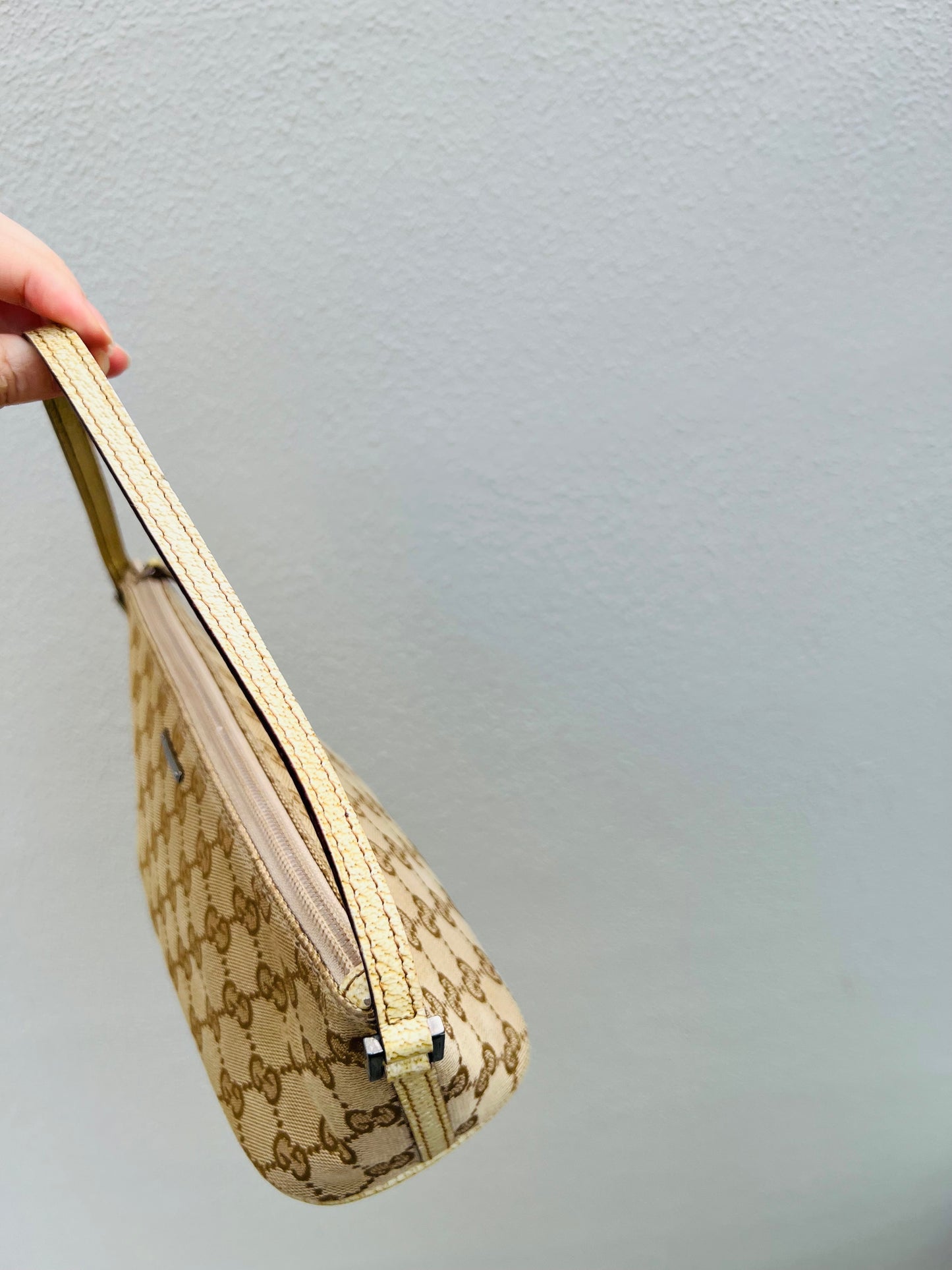 Pre-loved Gucci vintage GG Canvas Boat Baguette Bag Soft Lemon Sorbet Tone