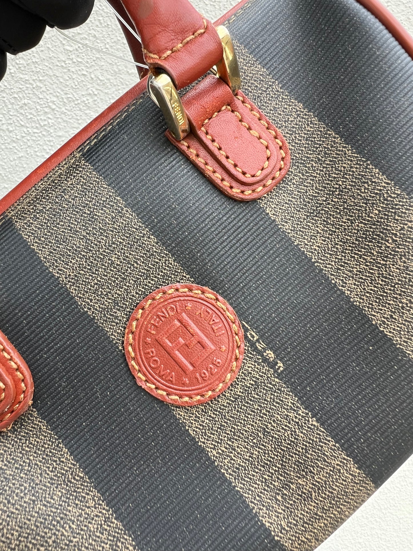 Pre-loved Fendi Pecan Handbag Mini Boston Bag Leather Black Beige Brown