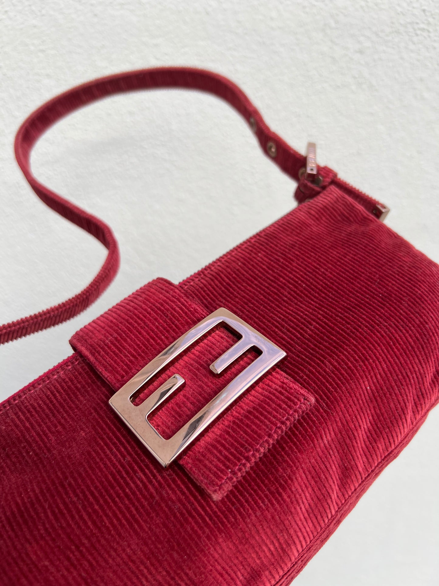 Pre-loved Fendi Red Corduroy Top-zip Baguette Shoulder Bag