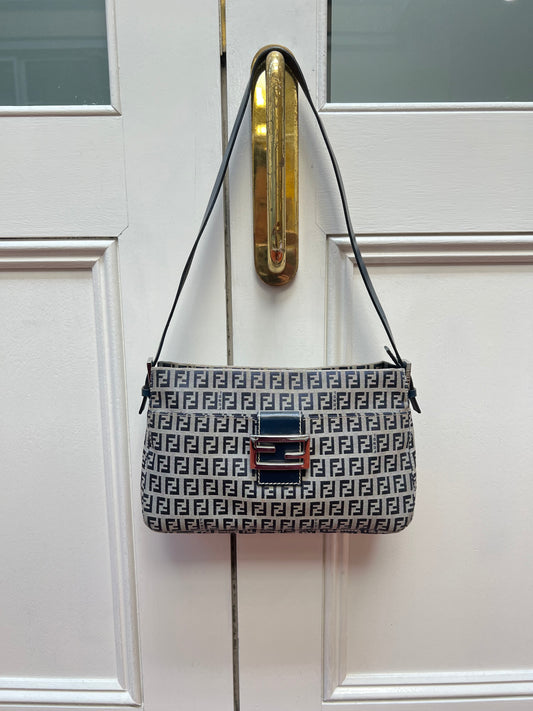 Pre-loved Fendi Monogram FF Mama Forever Baguette Flap Navy Blue