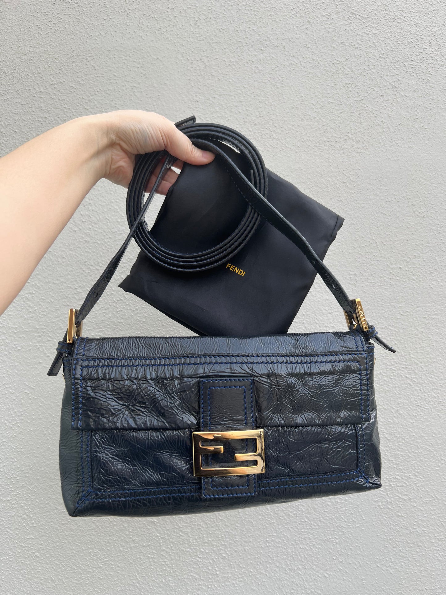 Pre-loved Fendi 3way Patent Leather Baguette Bag Navy Blue