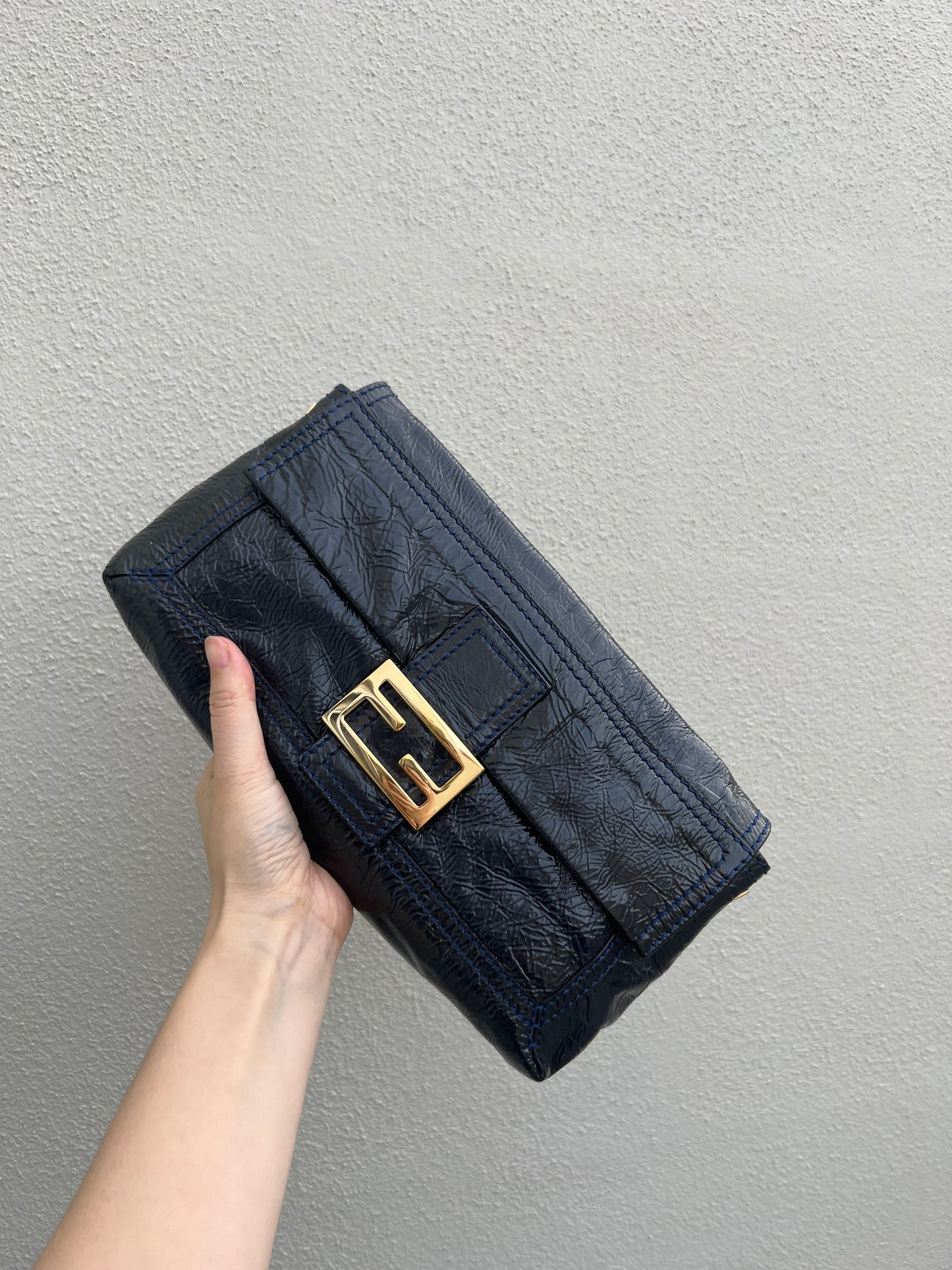 Pre-loved Fendi 3way Patent Leather Baguette Bag Navy Blue