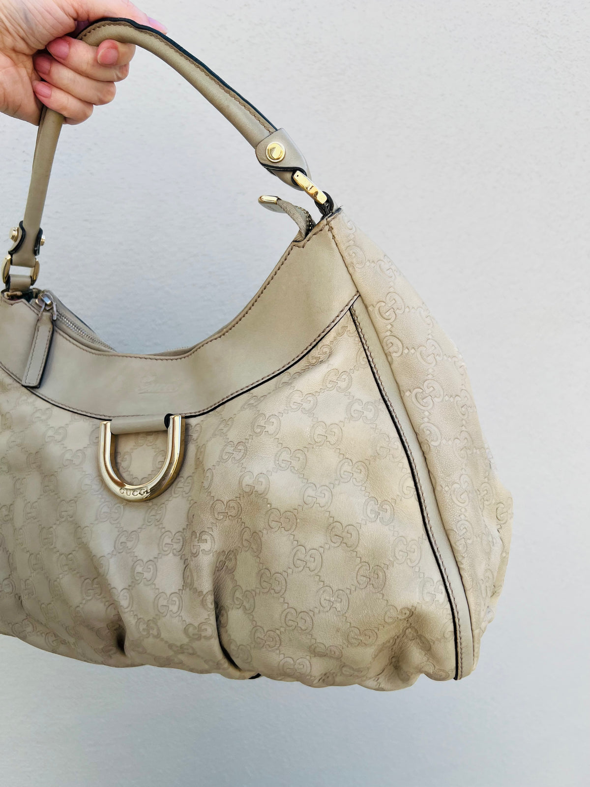 Pre-loved Gucci Abbey D-ring Guccissima Large Leather Hobo Bag Off White GHW