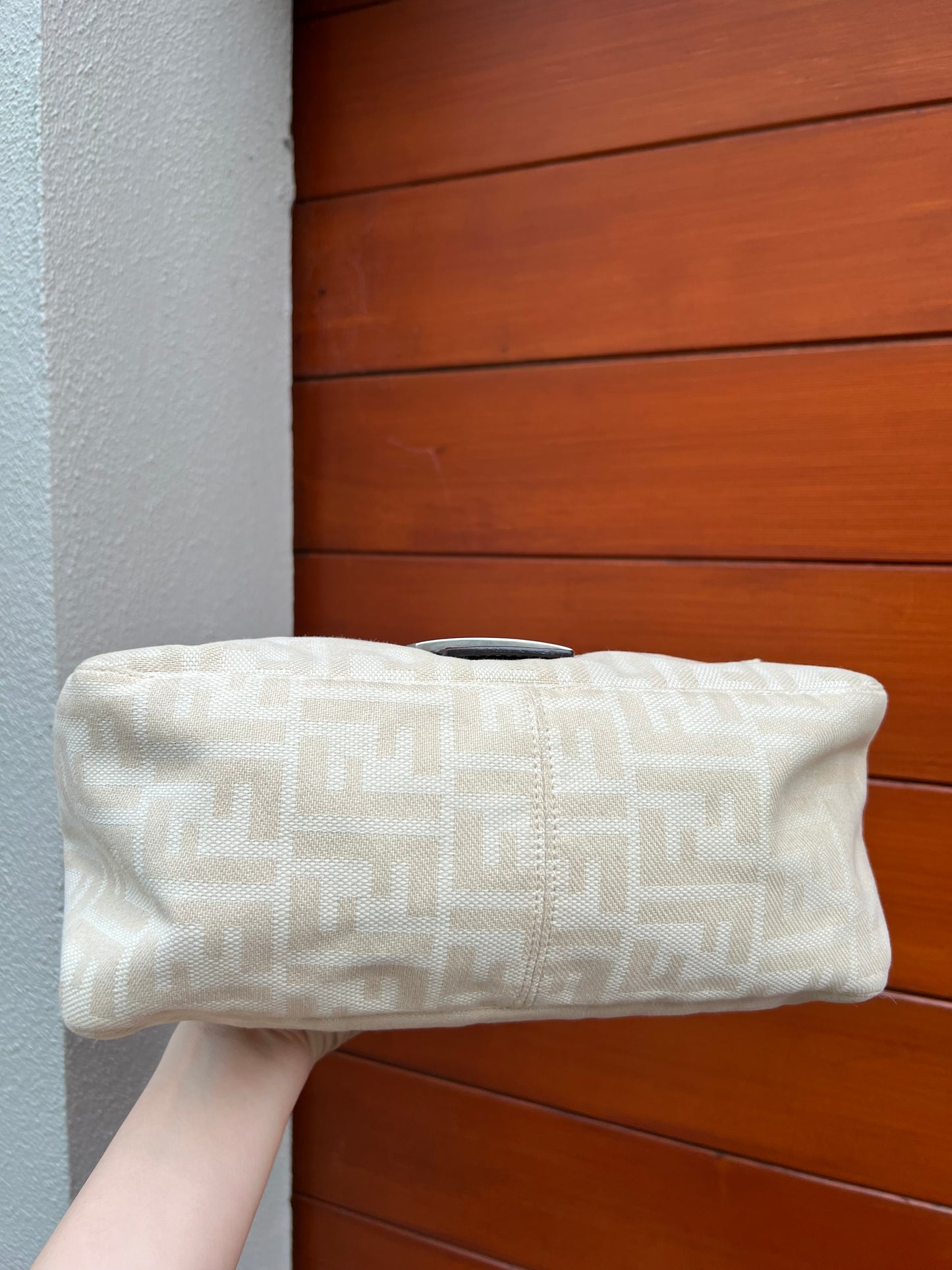Pre-loved Fendi Zucca Canvas Mamma Baguette Shoulder Bag Beige