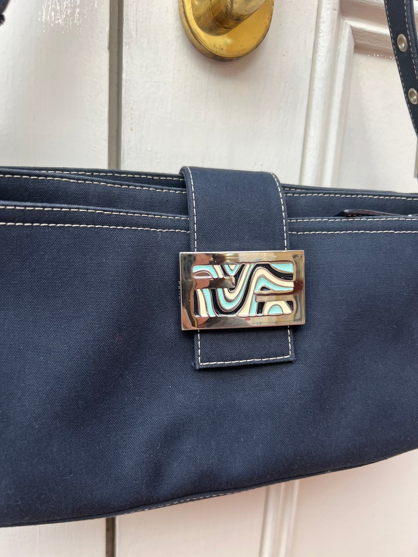 Pre- loved Fendi FF Denim Baguette Shoulder Bag Navy