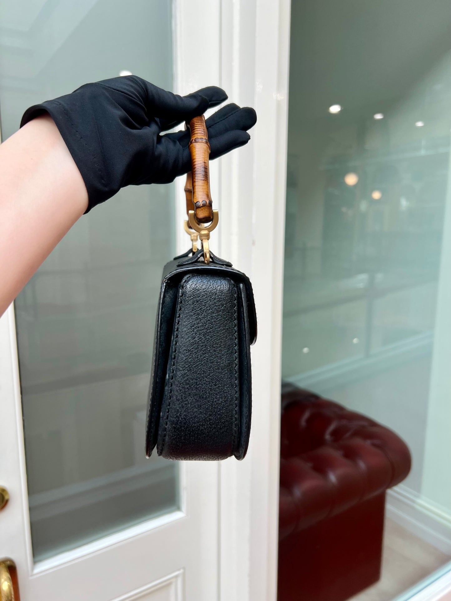 Pre-loved Vintage Gucci Black Leather Bamboo Night 1947 Top Handle Bag 20th Century