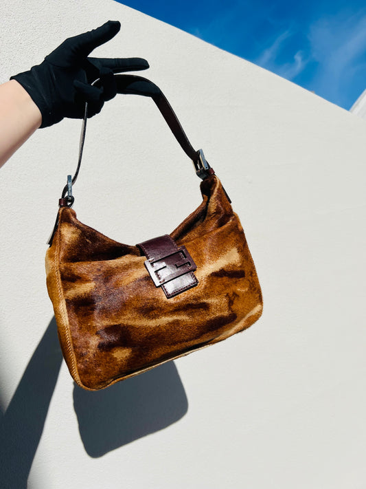 Pre-loved FENDI Mamma Baguette Shoulder Bag Pony Hair leather Brown
