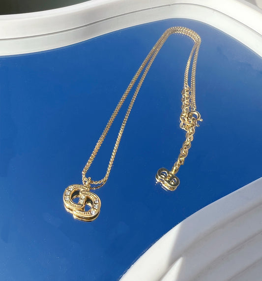 Pre-loved Christian Dior Vintage Gold Plated Rhinestone Logo Pendant Necklace