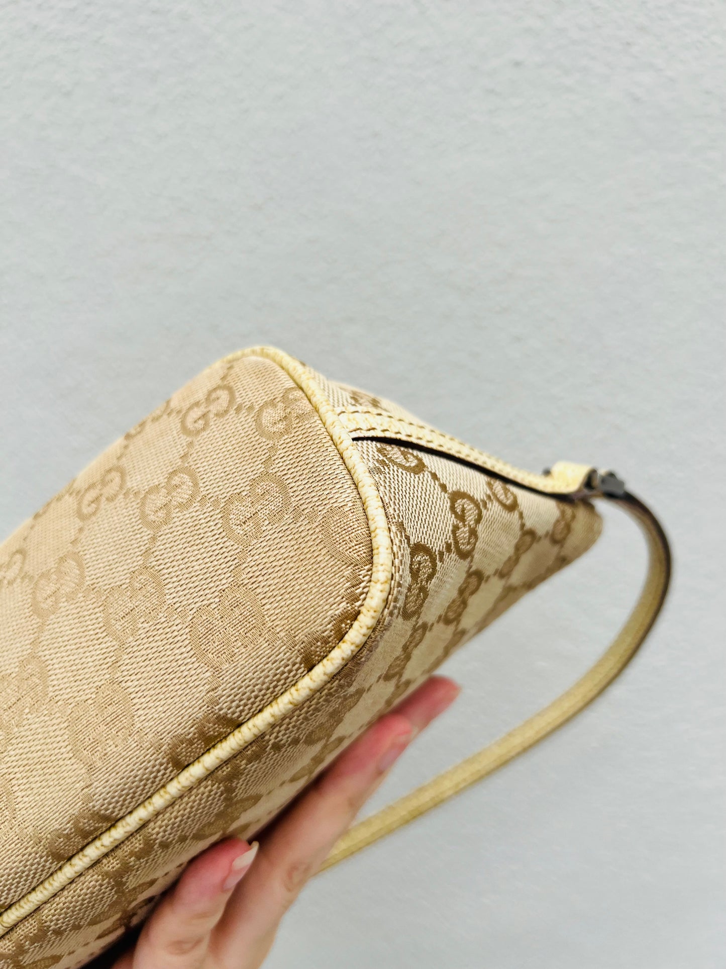 Pre-loved Gucci vintage GG Canvas Boat Baguette Bag Soft Lemon Sorbet Tone