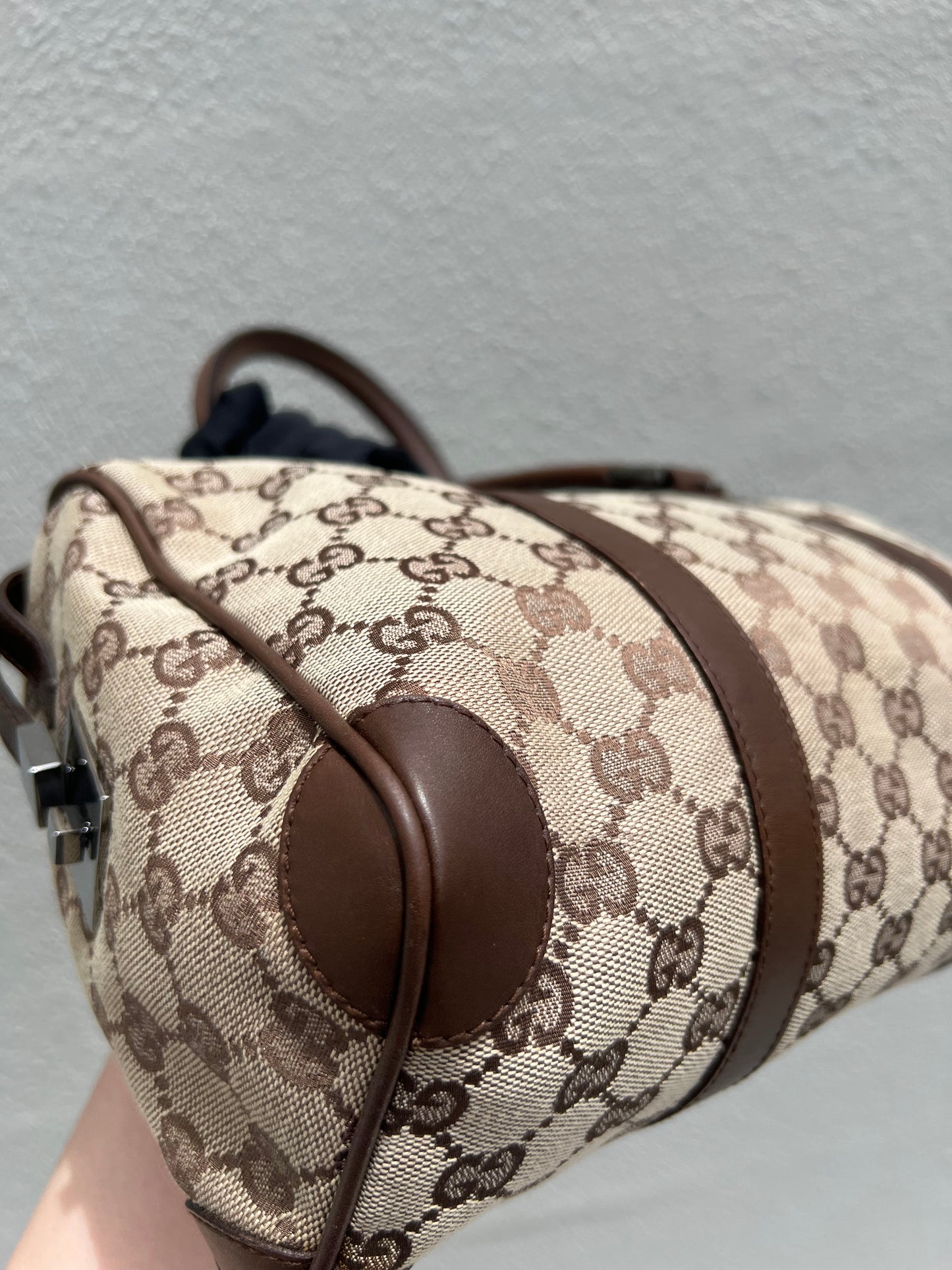 Pre- loved Gucci Beige/Brown GG Canvas and Leather Boston Bag