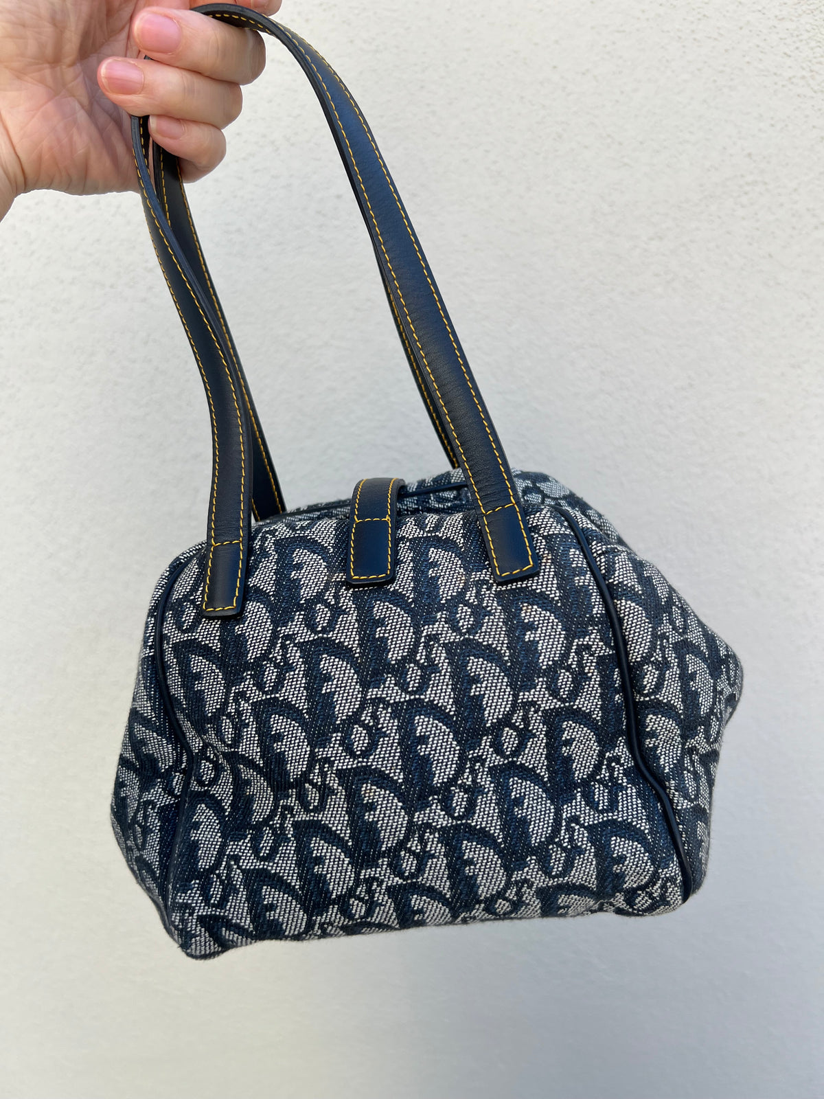 Pre-loved Christian Dior Navy Blue Logo Canvas Small Satchel Tote Bag