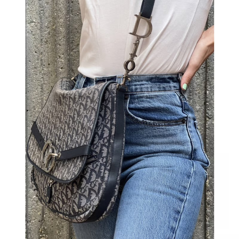 Pre-loved Dior Trotter Logo Canvas CD Flap Large Messenger Crossbody Saddle Bag