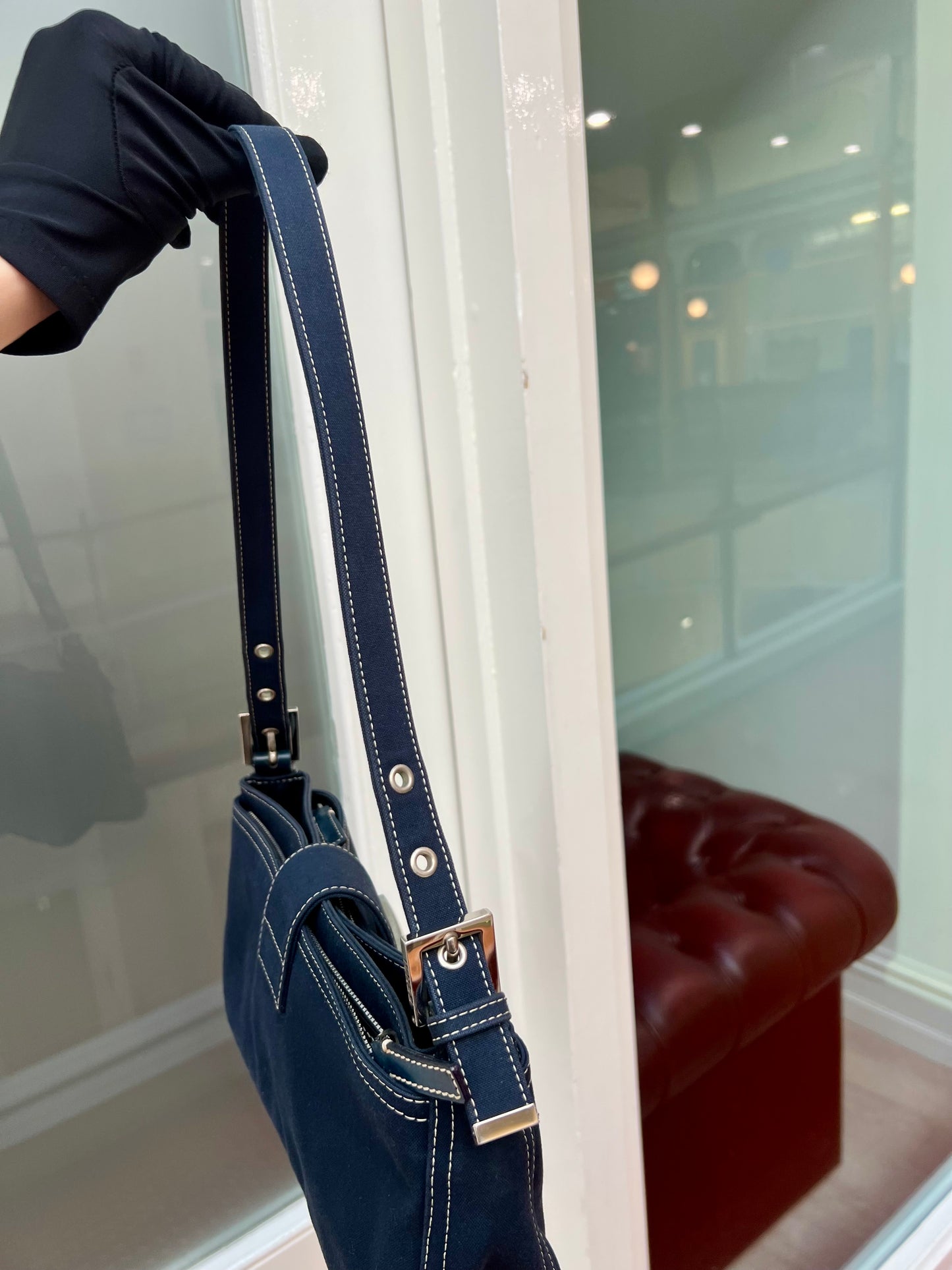 Pre- loved Fendi FF Denim Baguette Shoulder Bag Navy