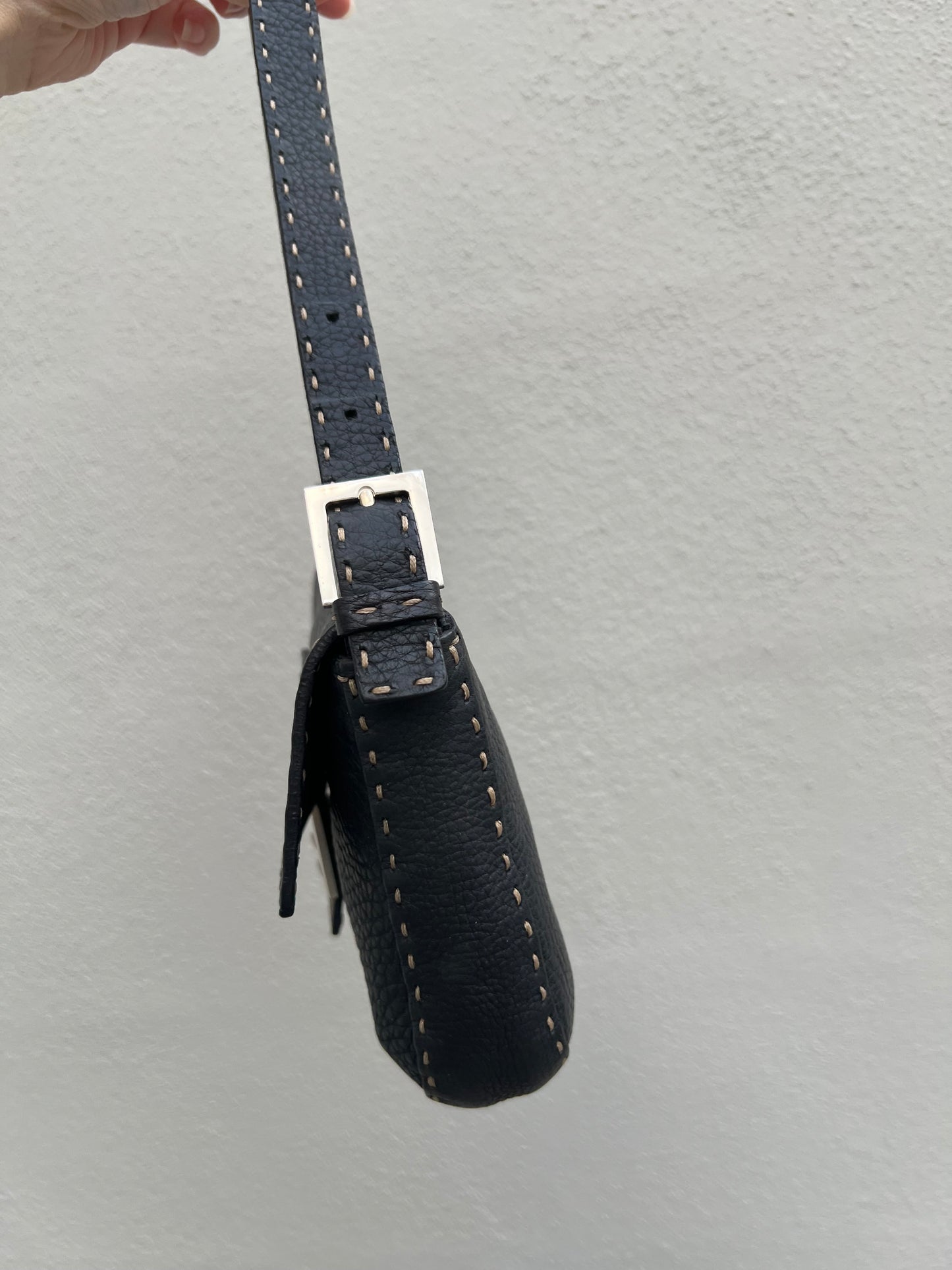 Pre-loved Fendi Baguette Black Cuoio Romano Leather Selleria with Sterling Silver Hardware